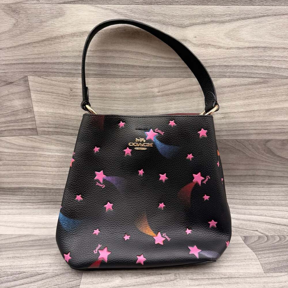 COACH SMALL TOWN BUCKET BAG WITH DISCO STAR PRINT BLACK C7245